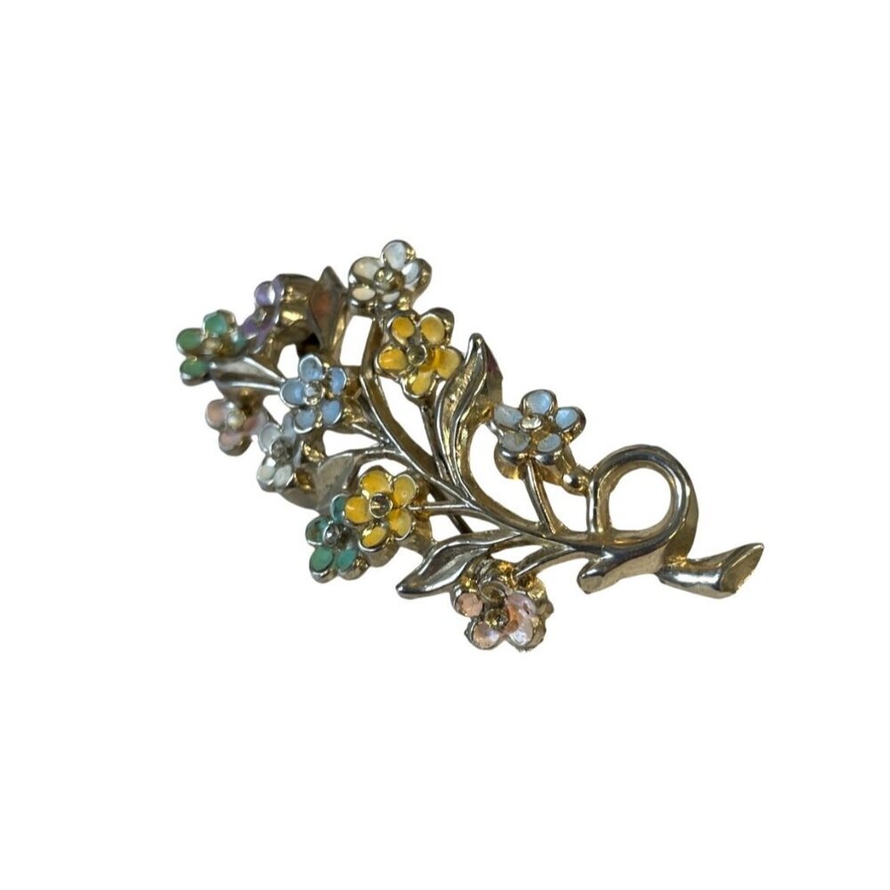 Vintage Floral Enamel & Gold-Tone Brooch Pin With Multicolor Flowers